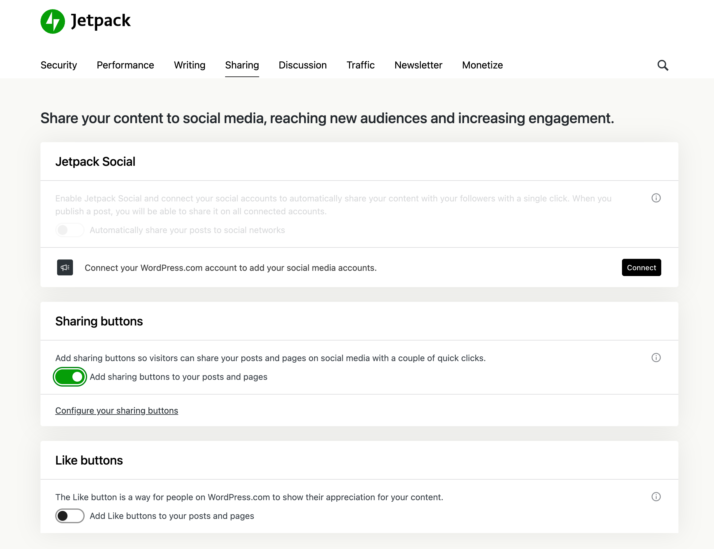 젯팩 플러그인 sns 공유 설정화면